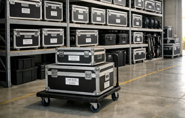 Un local avec du matériel bien rangé dans des flight-cases.