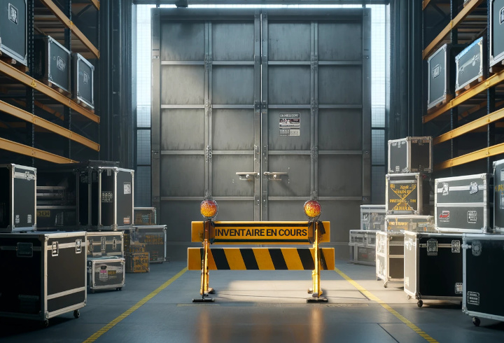 Porte d'entrepôt fermée avec un écriteau inventaire en cours