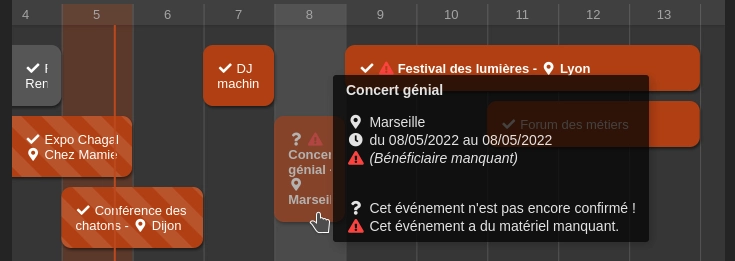 Capture d'écran du calendrier principal des événements