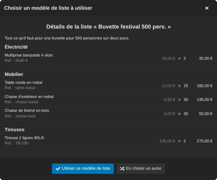 Capture d'écran d'un modèle de liste de matériel