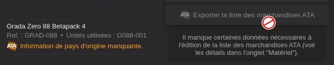 Le bouton d'export des données pour carnet ATA bloqué car il manque des informations dans le matériel
