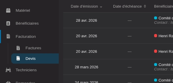 Le sous-menu facturation dans le menu principal de Loxya
