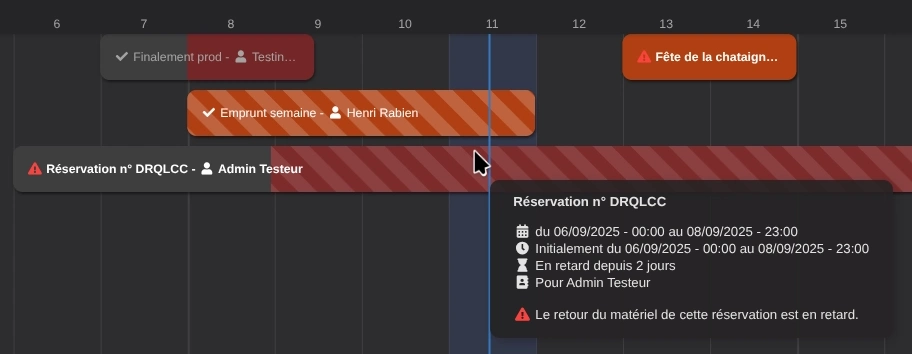 Le planning de Loxya avec des retards de retour de matériel