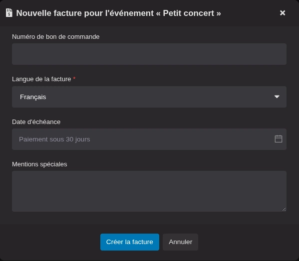 Fenêtre de spécification des détails d'une facture avant sa création