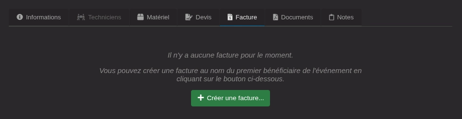Contenu de l'onglet Facture d'un événement.
