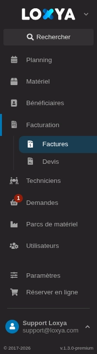 Les trois menus de l'interface de Loxya.