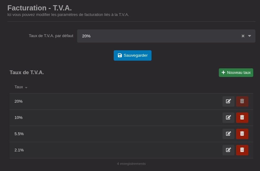 La liste des taux de T.V.A. et le choix d'un taux par défaut.